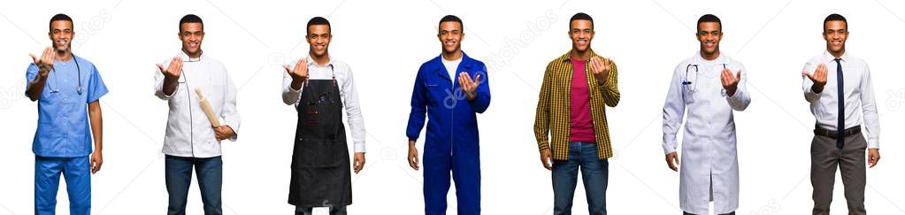 Set of doctor, barber and businessman inviting to come with hand. Happy that you came