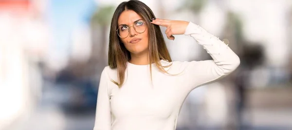 Pretty Woman Glasses Problems Making Suicide Gesture Outdoors — Stock Photo, Image