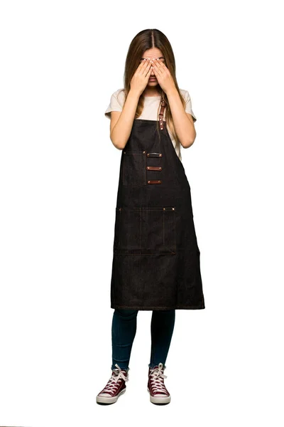 Full Body Young Woman Apron Tired Sick Expression Isolated Background — Stock Photo, Image