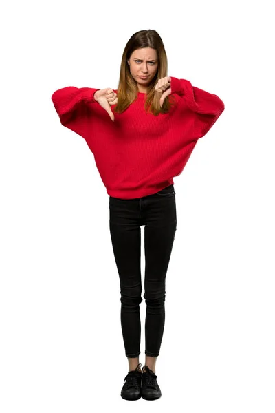 Full Length Scatto Una Giovane Donna Con Maglione Rosso Mostrando — Foto Stock