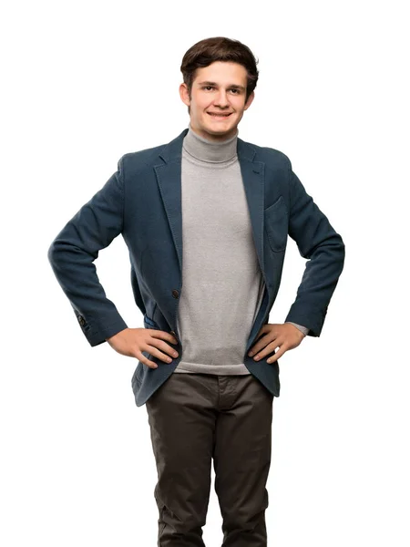 Teenager Man Turtleneck Posing Arms Hip Smiling Isolated White Background — Stock Photo, Image