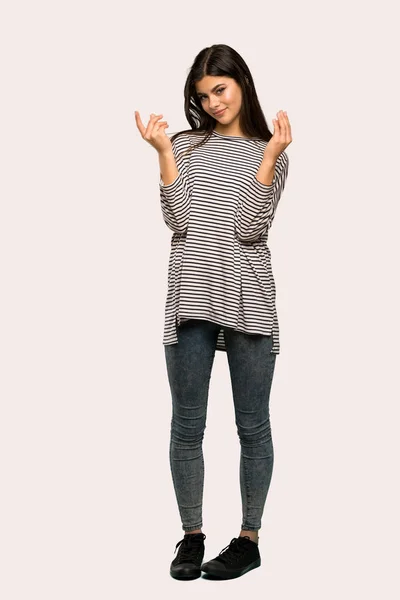 Plan Complet Une Adolescente Avec Chemise Rayée Faisant Geste Argent — Photo