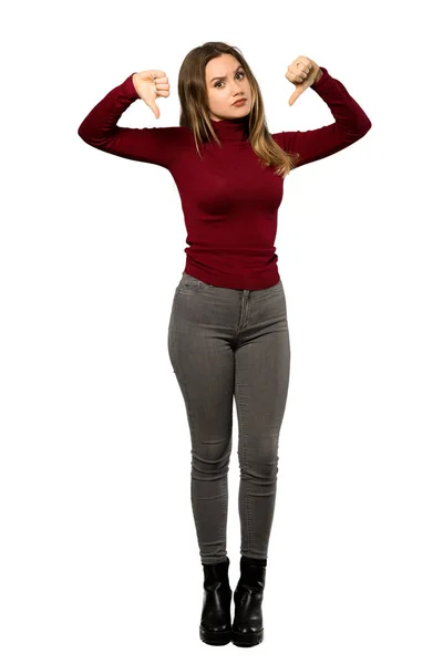 Full Length Shot Teenager Girl Turtleneck Showing Thumb Isolated White — Stock Photo, Image