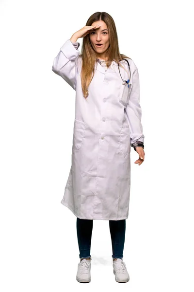 Hela Kroppen Ung Läkare Kvinna Har Precis Insett Något Och — Stockfoto