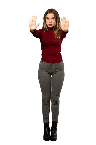 Full Length Shot Teenager Girl Turtleneck Making Stop Gesture Disappointed — Stock Photo, Image