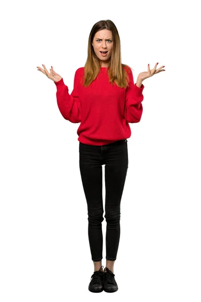 Una Foto Completa Una Mujer Joven Con Suéter Rojo Con —  Fotos de Stock