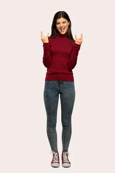 Full Length Shot Teenager Girl Turtleneck Making Rock Gesture Isolated — Stock Photo, Image