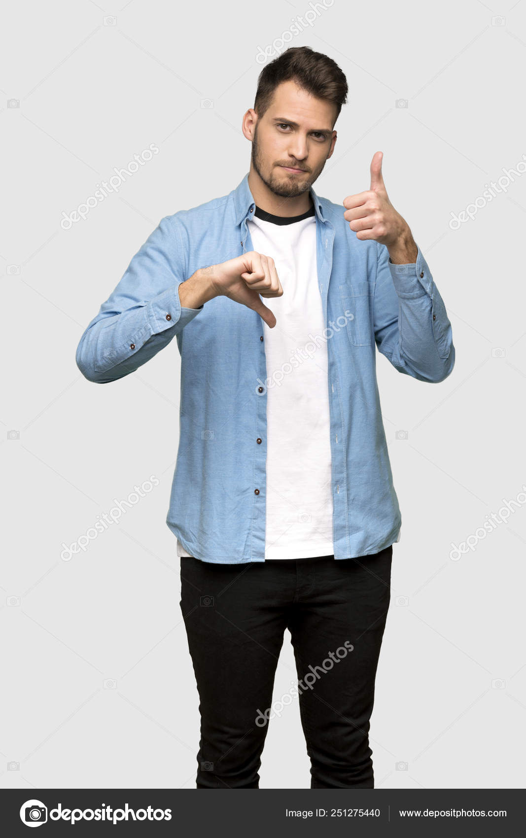 Handsome Man Making Good Bad Sign Undecided Yes Grey Background Stock ...
