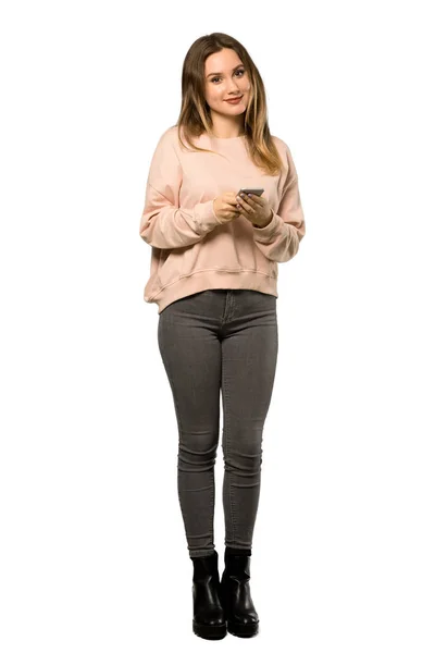 Full Length Shot Teenager Girl Pink Sweater Sending Message Mobile — Stock Photo, Image