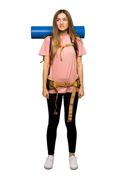 Całego Ciała Backpacker Młoda Kobieta Jest Trochę Nerwowy Przerażony Naciśnięcie — Zdjęcie stockowe