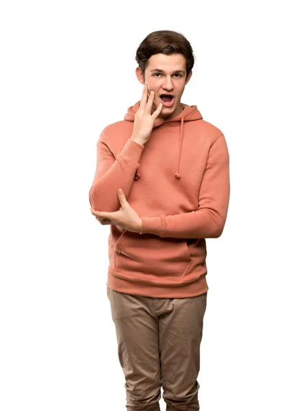 Adolescente Homem Com Camisola Surpreso Chocado Olhar Para Direita Sobre — Fotografia de Stock