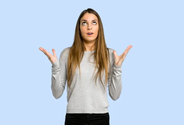 Young Girl Frustrated Bad Situation Blue Background — Stock Photo, Image