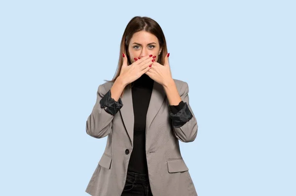 Business Woman Covering Mouth Hands Saying Something Inappropriate Isolated Blue — Stock Photo, Image