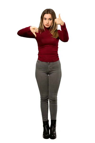 Full Length Shot Teenager Girl Turtleneck Making Good Bad Sign — Stock Photo, Image