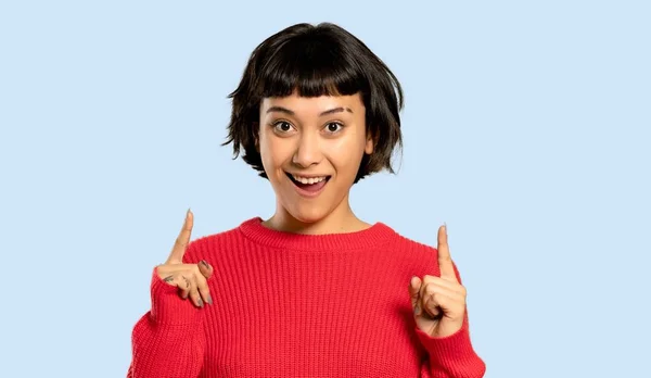 Short Hair Girl Red Sweater Pointing Index Finger Great Idea — Stock Photo, Image