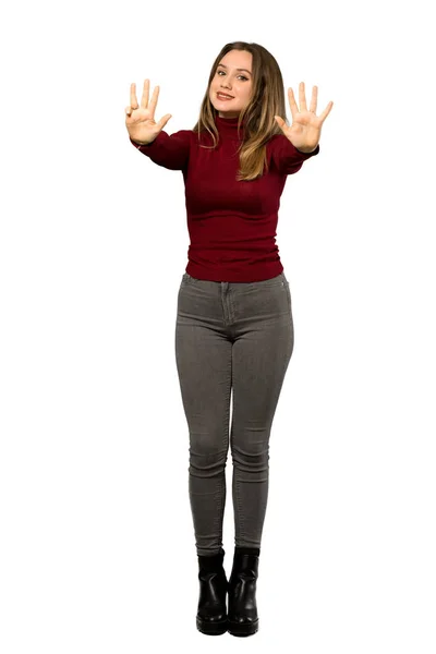 Full Length Shot Teenager Girl Turtleneck Counting Nine Fingers Isolated — Stock Photo, Image