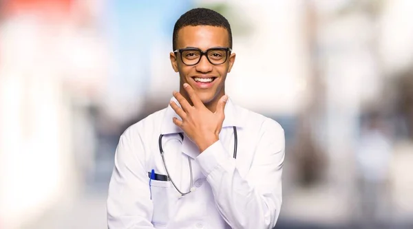 Young Afro American Man Doctor Glasses Smiling Outdoors — Stock Photo, Image