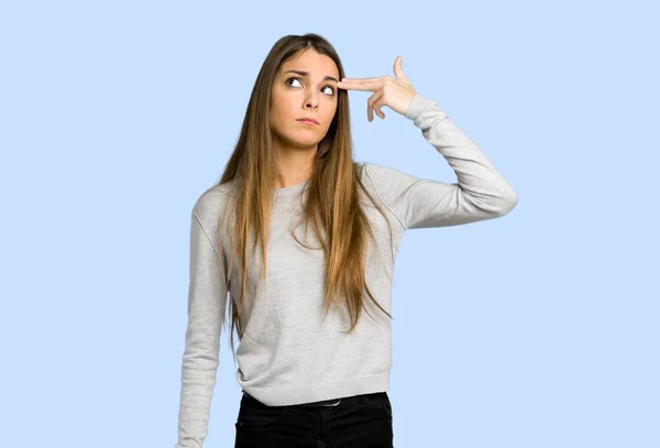 Young Girl Problems Making Suicide Gesture Blue Background — Stock Photo, Image