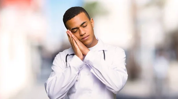 Young Afro American Man Doctor Making Sleep Gesture Dorable Expression — 스톡 사진