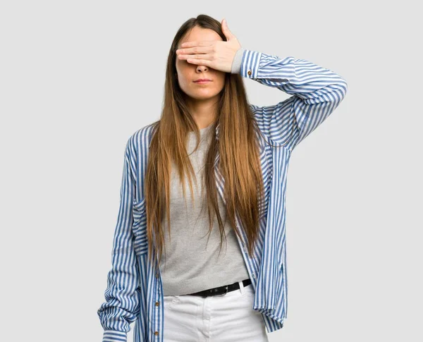 Young Girl Striped Shirt Covering Eyes Hands Want See Something — Stock Photo, Image