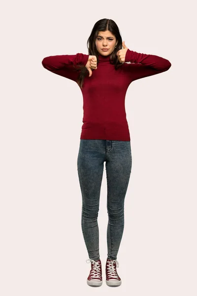 Full Length Shot Teenager Girl Turtleneck Making Good Bad Sign — Stock Photo, Image