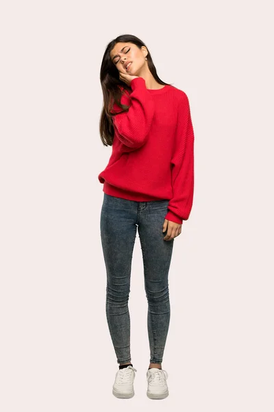 Uma Foto Completa Uma Adolescente Com Suéter Vermelho Com Dor — Fotografia de Stock