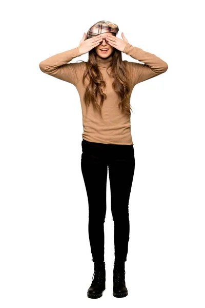 Full Length Shot Young Woman Beret Covering Eyes Hands Surprised — Stock Photo, Image