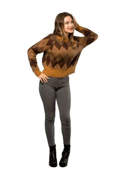 Full Length Shot Teenager Girl Brown Sweater Listening Something Putting — Stock Photo, Image