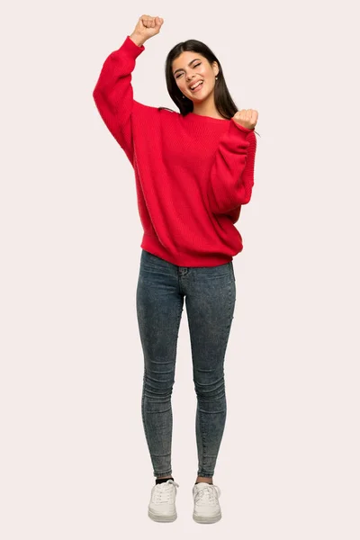 Full Length Shot Teenager Girl Red Sweater Celebrating Victory Isolated — Stock Photo, Image
