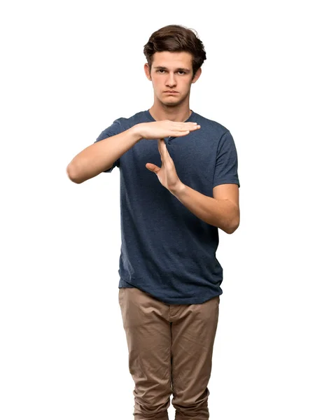 Adolescente Homem Fazendo Tempo Fora Gesto Sobre Isolado Fundo Branco — Fotografia de Stock