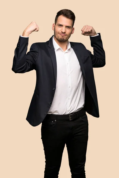 Handsome Business Man Proud Self Satisfied Ocher Background — Stock Photo, Image