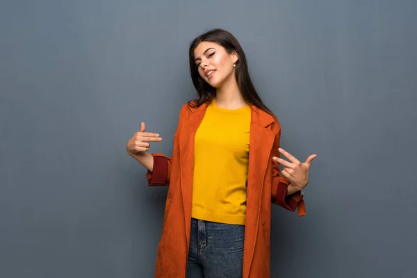 Teenager Girl Coat Grey Wall Proud Self Satisfied — Stock Photo, Image