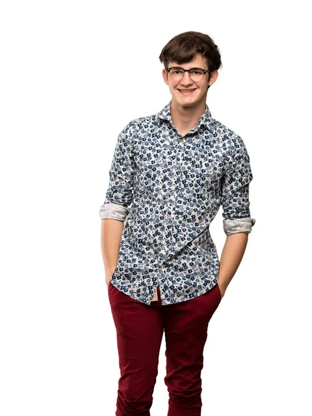 Teenager Man Flower Shirt Glasses Laughing Looking Front Isolated White — Stock Photo, Image