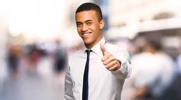Young Afro American Businessman Giving Thumbs Gesture Because Something Good — Stock Photo, Image