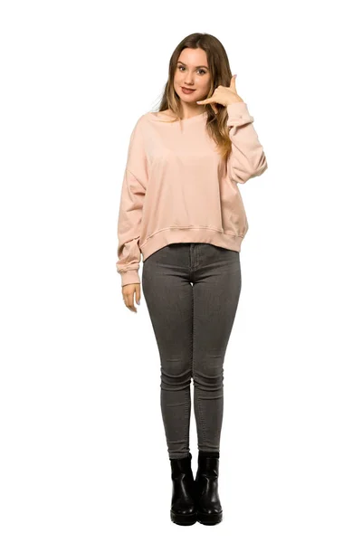 Uma Foto Completa Uma Adolescente Com Suéter Rosa Fazendo Gesto — Fotografia de Stock