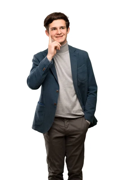 Adolescente Homem Com Gola Alta Pensando Uma Ideia Enquanto Olha — Fotografia de Stock