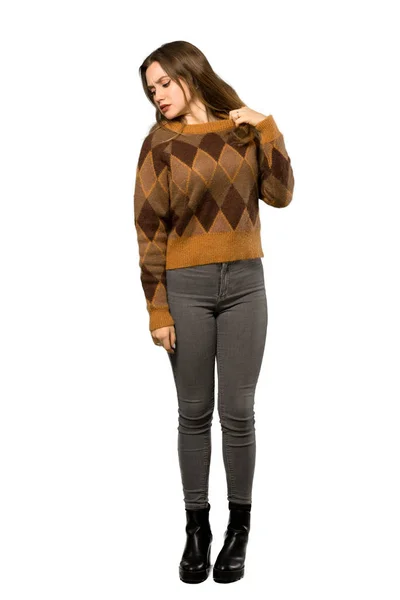 Full Length Shot Teenager Girl Brown Sweater Tired Sick Expression — Stock Photo, Image