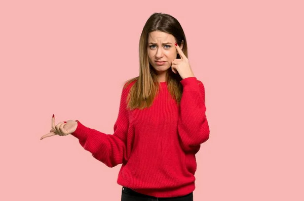 Young Woman Red Sweater Making Gesture Madness Putting Finger Head — Stock Photo, Image