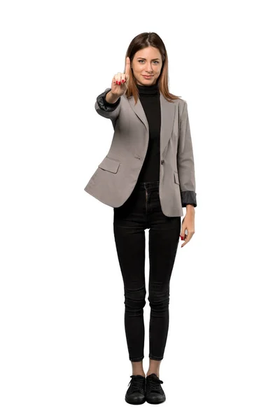 Uma Foto Completa Uma Mulher Negócios Mostrando Levantando Dedo Sobre — Fotografia de Stock