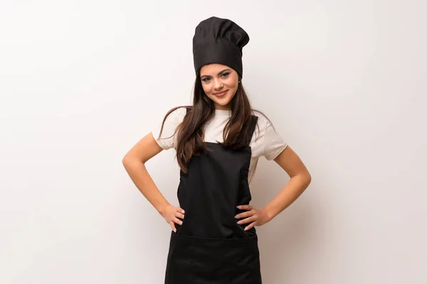 Teenager Chef White Wall Posing Arms Hip Smiling — Stock Photo, Image