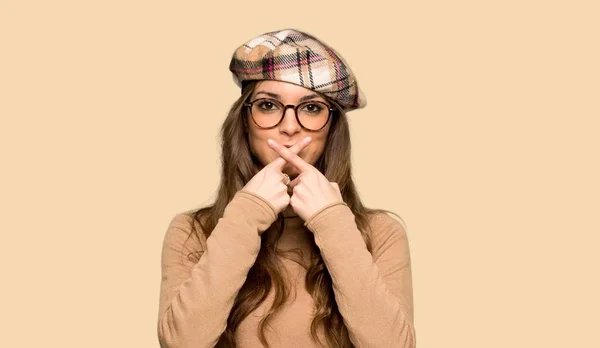Young Woman Beret Showing Sign Silence Gesture Isolated Yellow Background — Stock Photo, Image