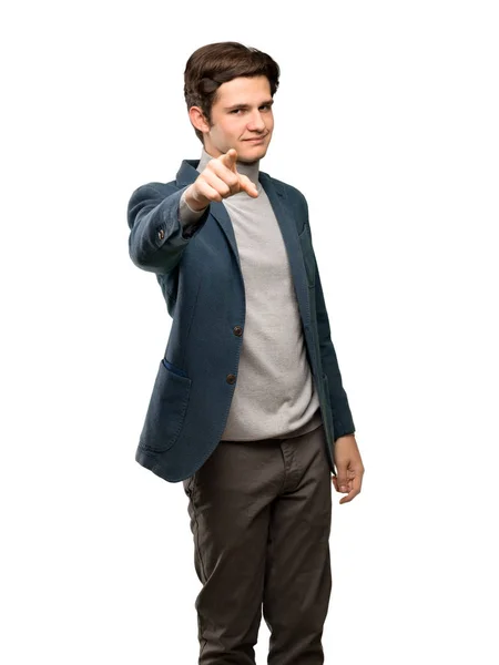 Adolescente Homem Com Gola Alta Aponta Dedo Para Você Com — Fotografia de Stock