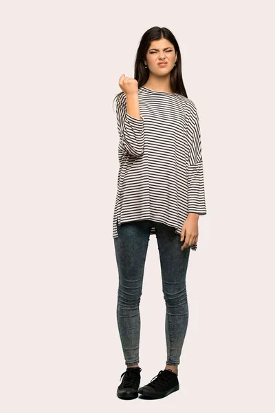 Uma Foto Completa Uma Adolescente Com Camisa Listrada Com Gesto — Fotografia de Stock