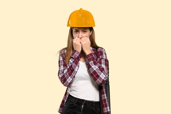 Architect Woman Nervous Scared Putting Hands Mouth Isolated Yellow Background — Stock Photo, Image