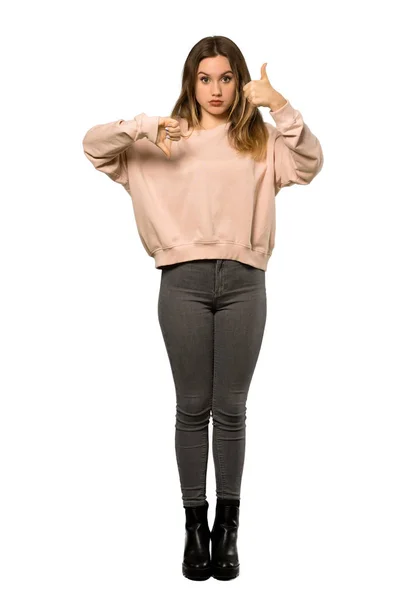 Full Length Shot Teenager Girl Pink Sweater Making Good Bad — Stock Photo, Image