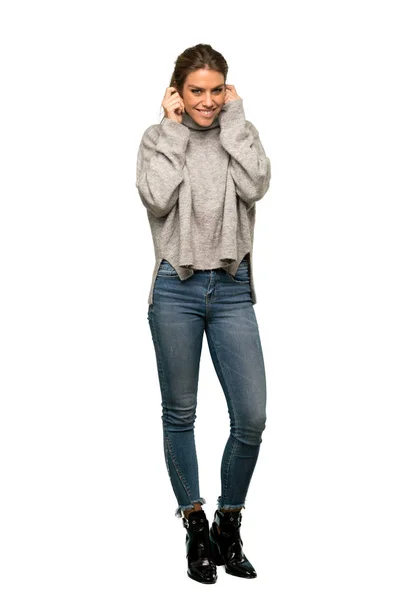 Full Length Shot Blonde Woman Turtleneck Frustrated Covering Ears Hands — Stock Photo, Image