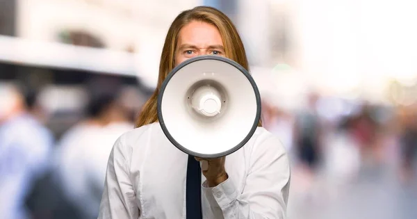 Blond Businessman Long Hair Shouting Megaphone Announce Something Outdoors — Stock Photo, Image