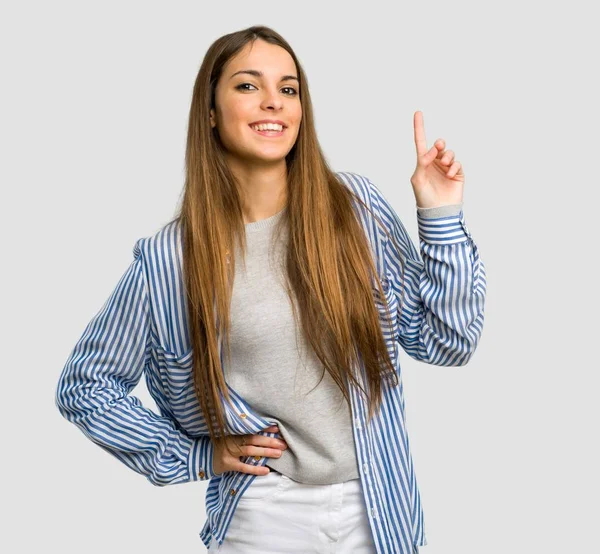 Young Girl Striped Shirt Showing Lifting Finger Sign Best Isolated — Stock Photo, Image