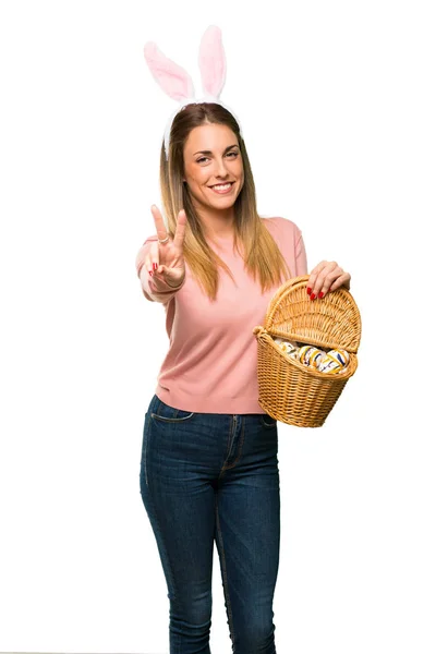 Young Woman Wearing Bunny Ears Easter Holidays Happy Counting Two — Stock Photo, Image