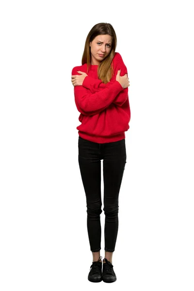 Full Length Shot Una Giovane Donna Con Maglione Rosso Congelamento — Foto Stock